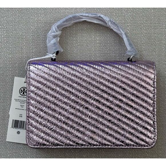 TORY BURCH MINI KIRA MOTO QUILT METALLIC TOP-HANDLE CROSSBODY, SPARKLE PINK - Picture 4 of 12